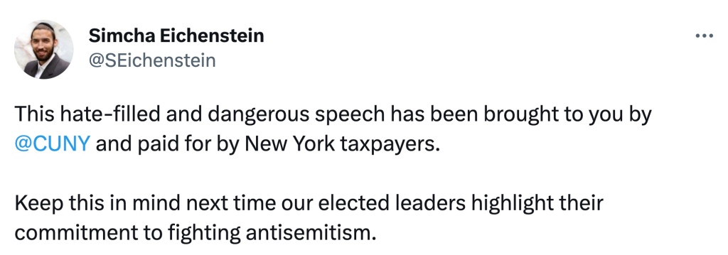 A tweet from Simcha Eichenstein, a Democratic state assemblyman representing Brooklyn, calling the speech anti-Semitic