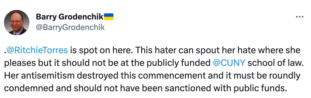 A tweet from Barry Grodenchik, a former Democratic NYC councilman, expressing outrage that the speech was made under the watch of the publicly funded school