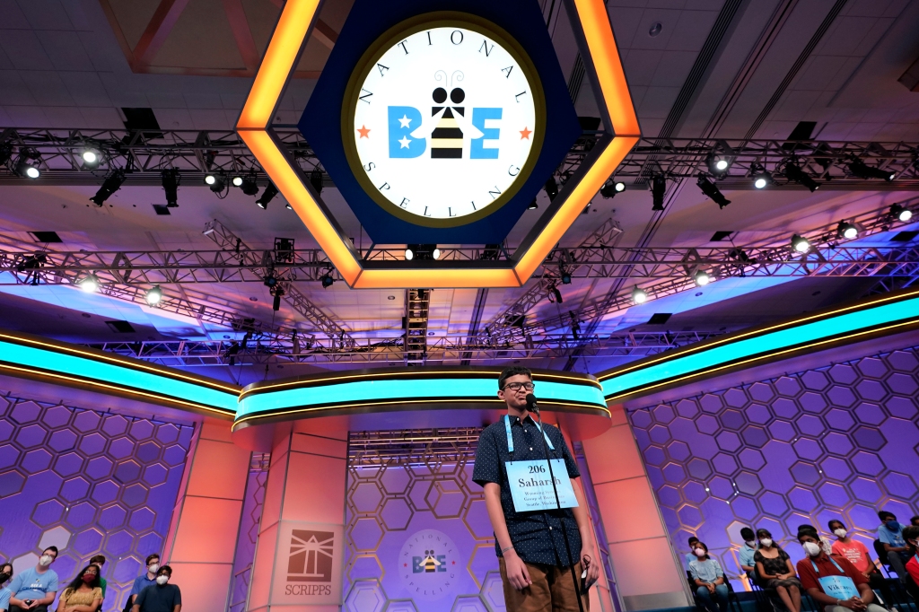 Saharsh Vuppala, 13, from Bellevue, Washington, competes during the finals of the 2022 Scripps National Spelling Bee.