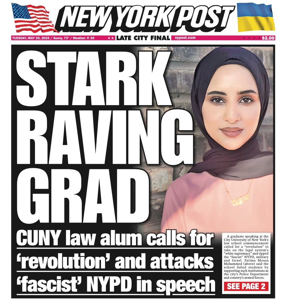 Cover of The Post calling out the "stark raving grad" speech.