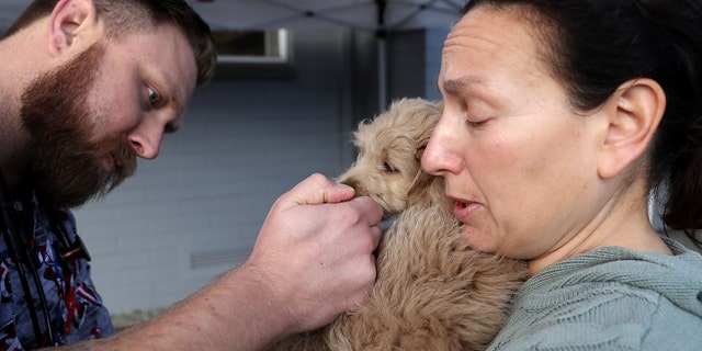 Veterinarian technician Justin Jones (L) gives a dog named Sadie a canine influenza immunization