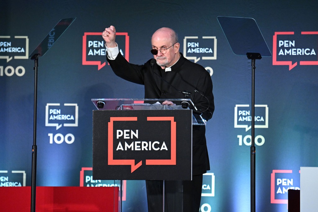 Rushdie speaks on stage at the 2023 PEN America Literary Gala at the American Museum of Natural History on May 18, 2023 in New York City.