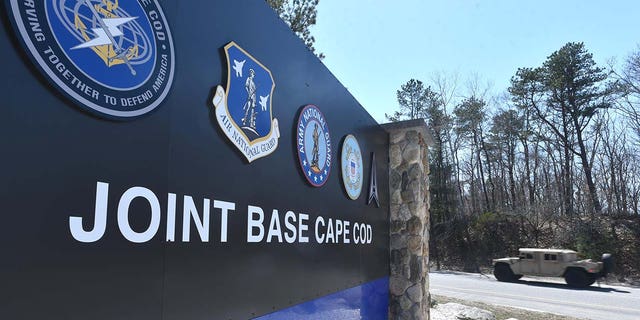 A military vehicle heads onto Joint Base Cape Cod on April 13, 2023, where Massachusetts Air National Guardsman Jack Teixeira worked