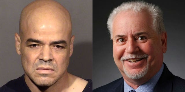 Robert Telles booking photo and reporter and his alleged victim Jeff German