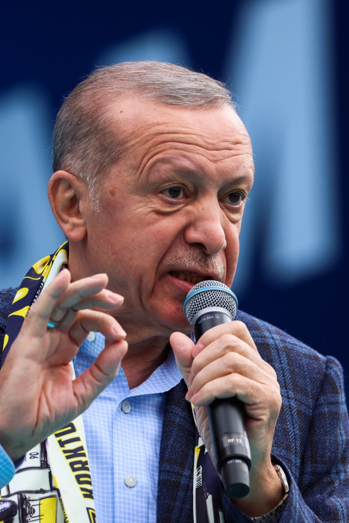 Turkey's President Tayyip Erdogan speaks during a joint live broadcast of Turkish TV channels in Ankara, Turkey on April 30, 2023.