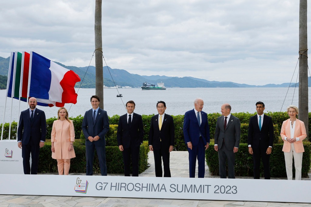 A photo of the G7 leaders before their working lunch meeting on economic security during the G7 summit, at the Grand Prince Hotel in Hiroshima, western Japan Saturday, May 20, 2023.