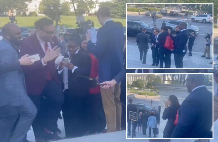 AOC and Jamaal Bowman heckle George Santos outside Capitol