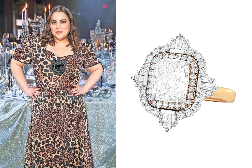 A tiny stone from her fiancée’s mother made Beanie Feldstein’s floral-inspired, cushion-cut cluster (below) extra special. Feel the love bloom with London Collection’s mixed-shape diamond dazzler set in platinum and 18-k rose gold (inset), $28,470.