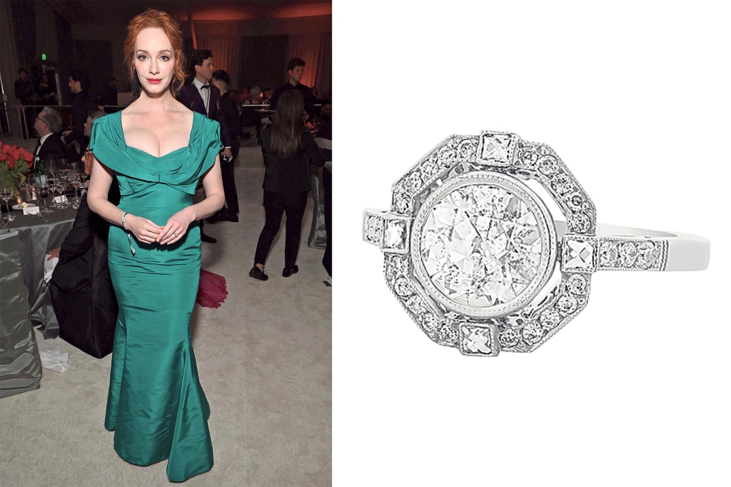 Christina Hendricks is “Mad” for her multi-stone ring. Channel her vintage vibes with Single Stone’s octagonal halo, bezel-set diamond in platinum (inset), $17,600.