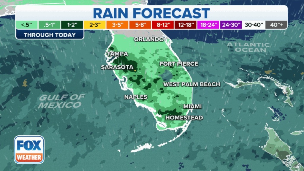 Areas like Tampa and Sarasota on the western side of Florida could see 3 to 5 inches of rain through Saturday.
