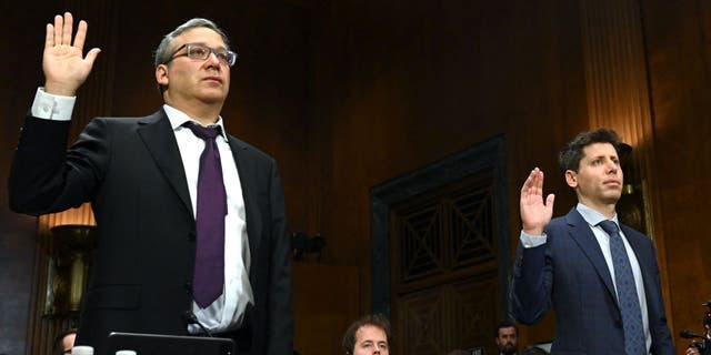 Gary Marcus, left, Sam Altman right, take oath before testifying