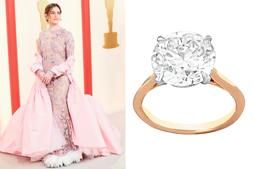 Diamonds are a “Girls” best friend, but Allison Williams keeps hers simple with a round-cut solitaire on a yellow-gold band. Score an equally elegant gem with London Collection’s 6.02-carat diamond set in 18-k yellow gold with platinum prongs (inset), $72,435. 