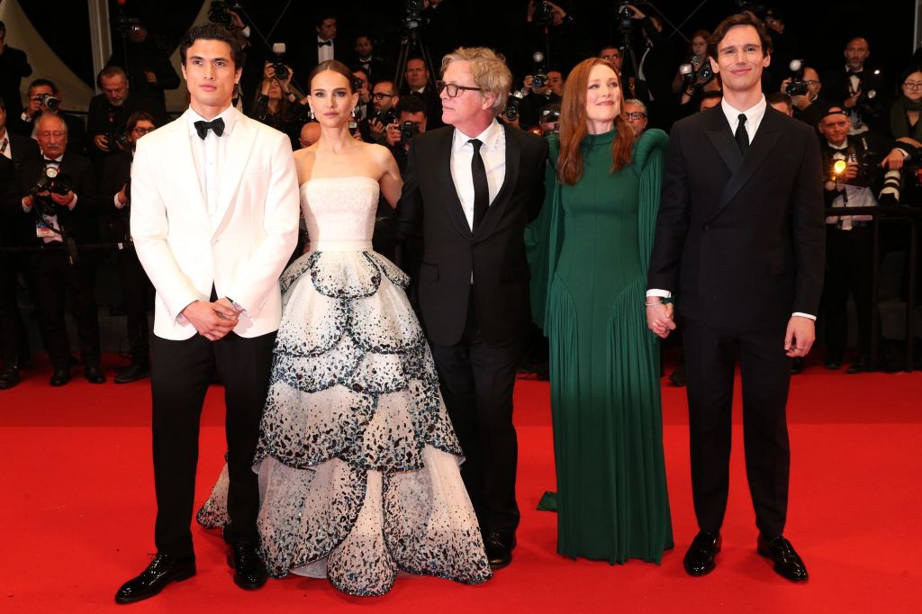 Charles Melton, Natalie Portman, Todd Haynes, Julianne Moore and Cory Michael Smith at the Cannes premiere of "May December." 