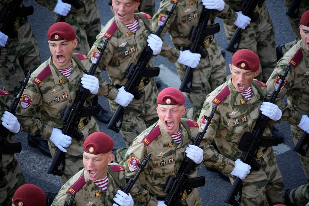 Russian soldiers march toward Red Square to attend a Victory Day military parade in Moscow, Russia, Tuesday, May 9, 2023, marking the 78th anniversary of the end of World War II.