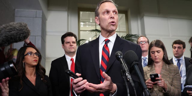 U.S. Rep. Scott Perry (R-PA) speaks to reporters following a meeting with House Republicans at the U.S. Capitol Building on January 03, 2023 in Washington, DC.