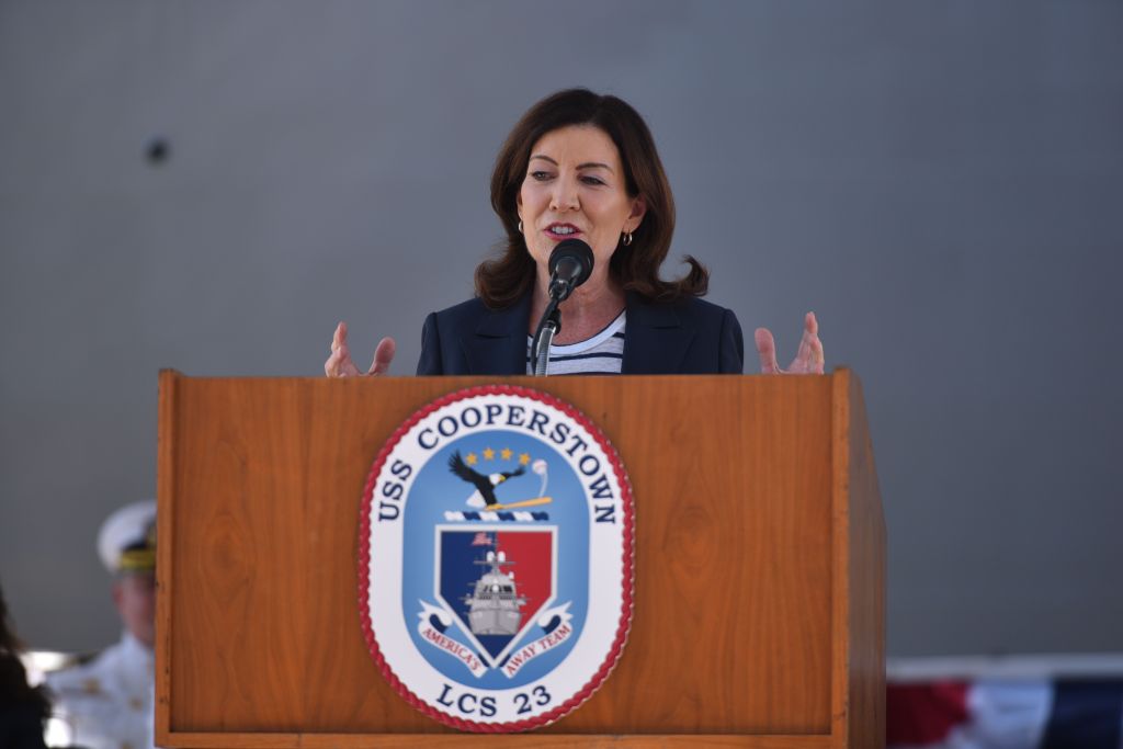New York Governor Kathy Hochul delivers remarks on Saturday at the commissioning ceremony.