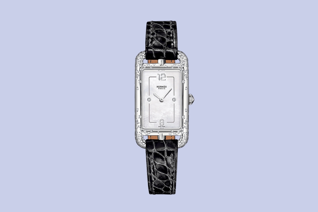 “Nantucket” watch in steel with diamonds and mother-of-pearl, $7,450 at Hermes.com 