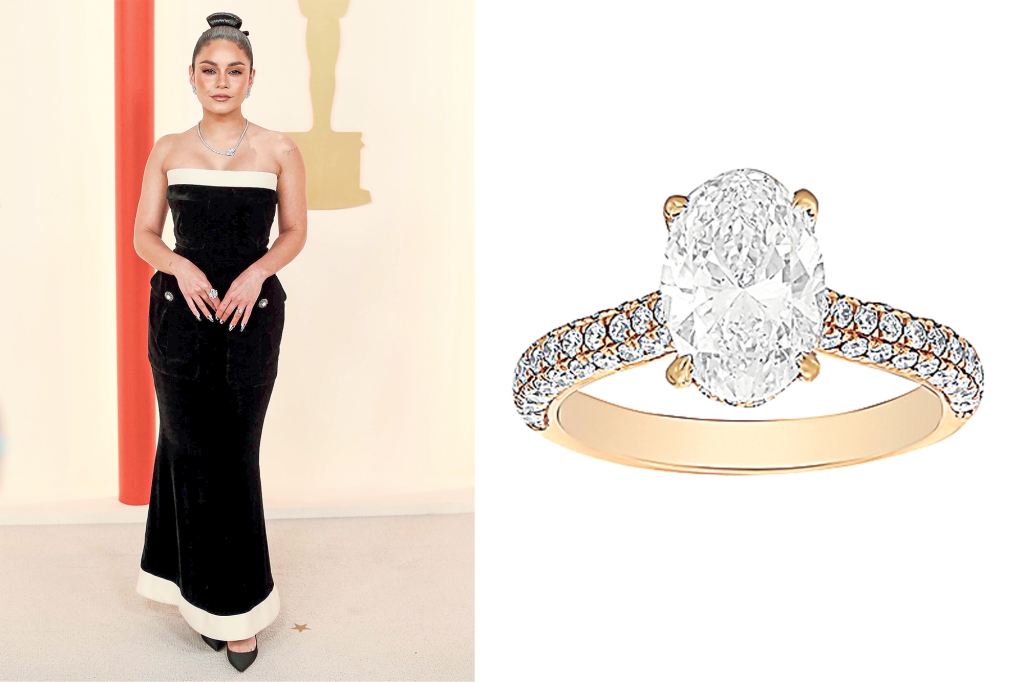 Vanessa Hudgens (left) debuted her oval stunner at the Eiffel Tower. Say “Oui!” to that same je ne sais quoi with London Collection’s oval sparkler set in 18-k rose gold and two rows of round diamonds (inset), $34,560.