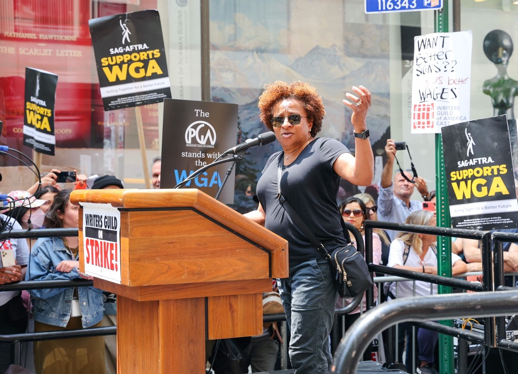 Sykes is seen attending the Writers Guild of America strike outside the NBC Building on May 23, 2023 in New York City. 