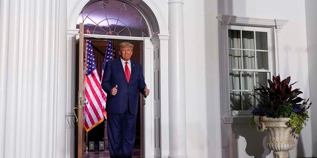 Donald Trump arrives to speak at Trump National Golf Club in Bedminster, N.J.