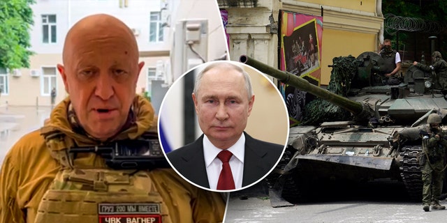 A split image shows Wagner Group chief Yevgeny Prigozhin, Vladimir Putin, and a tank in the Russian city of Rostov-on-Don