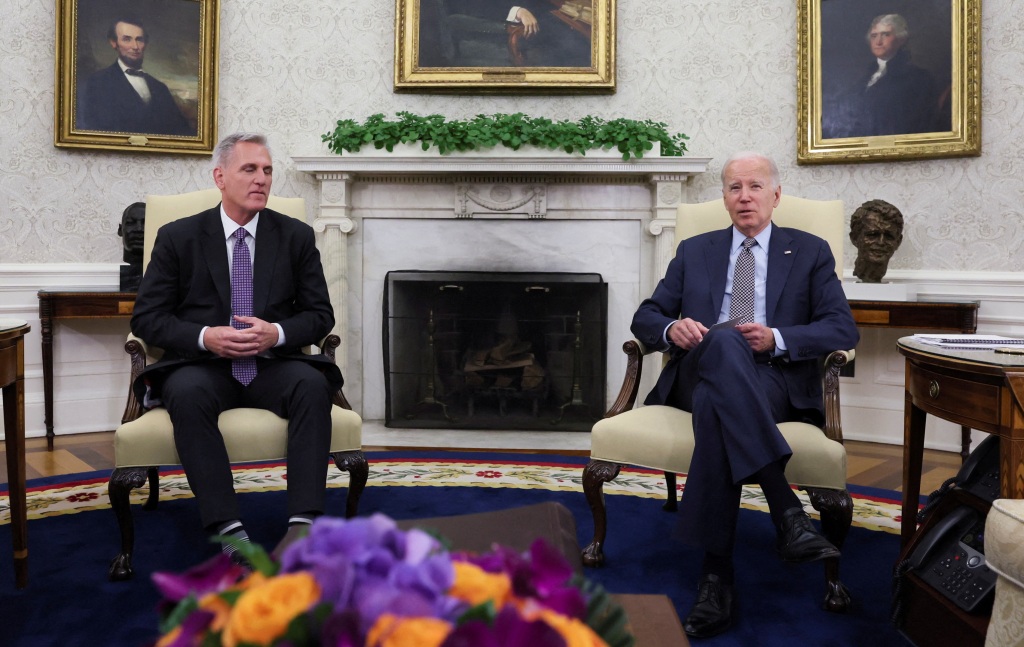 House Speaker Kevin McCarthy (R-CA) sits for debt limit talks with U.S. President Joe Biden in the Oval Office at the White House in Washington.