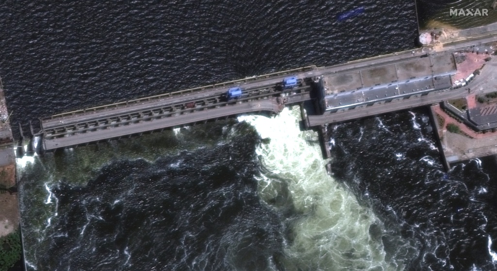 A satellite image shows Nova Kakhovka Dam in Kherson region, Ukraine. 