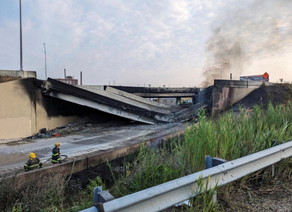 A tanker truck containing thousands of gallons of gasoline caught fire underneath the I-95 overpass, melting the metal beams supporting it and causing the highway to collapse.