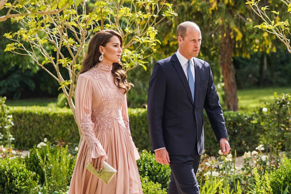 Prince William and Princess Catherine arrive at the Zahran Palace in Amman on June 1, 2023 for the royal wedding ceremony of Crown Prince Hussein and Rajwa al-Saif. 