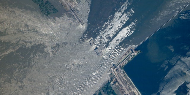 Kakhovka dam collapse seen from air