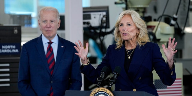 Joe and Jill Biden at a podium