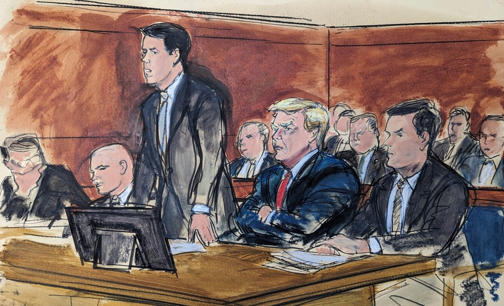 A different courtroom sketch not made by Hennessy on the same day Trump appeared in court.