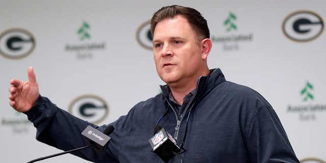 Green Bay Packers general manager Brian Gutekunst speaks to media