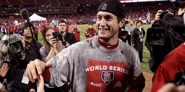 David Freese celebrates the World Series