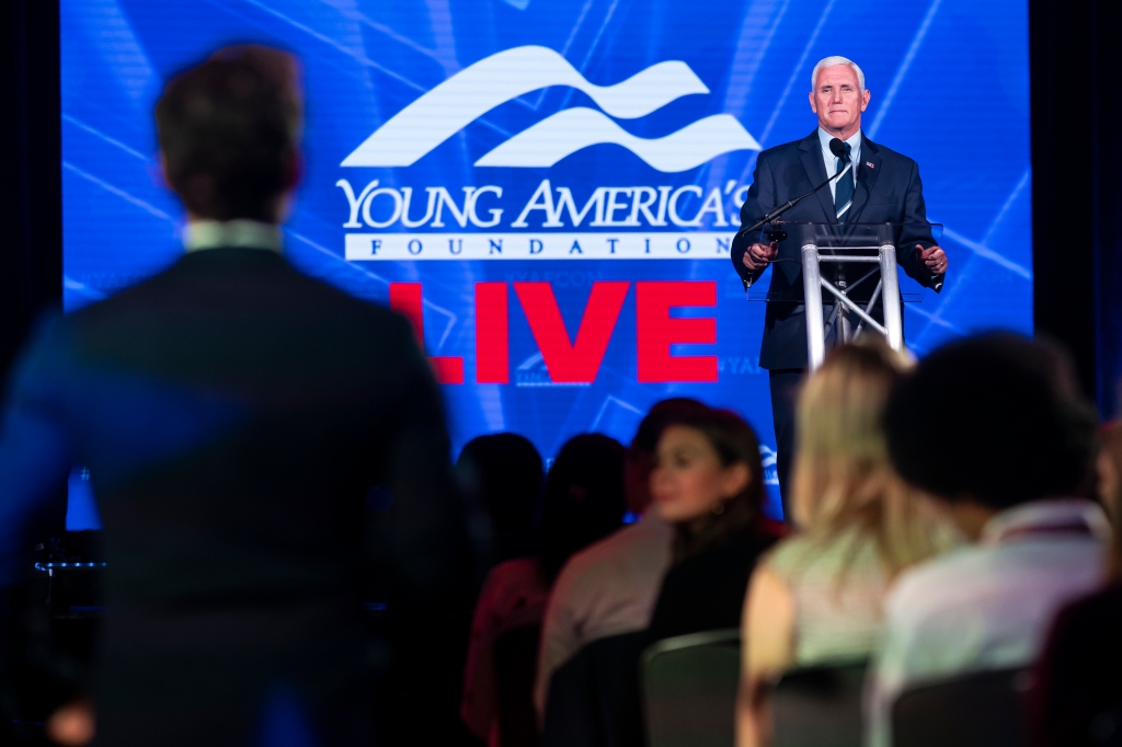 Former U.S. Vice President Mike Pence answers questions from the crowd during the Young Americas Foundation Student Conference on July 26, 2022 in Washington, DC.  