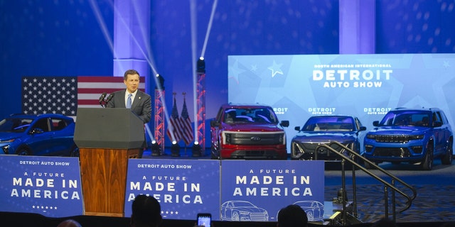 DETROIT, MICHIGAN, US - SEPTEMBER 14: US Secretary of Transportation, Pete Buttigieg speaks at the Detroit Auto show, in Detroit, MI, United States on September 14, 2022. (Photo by Katie McTiernan/Anadolu Agency via Getty Images)