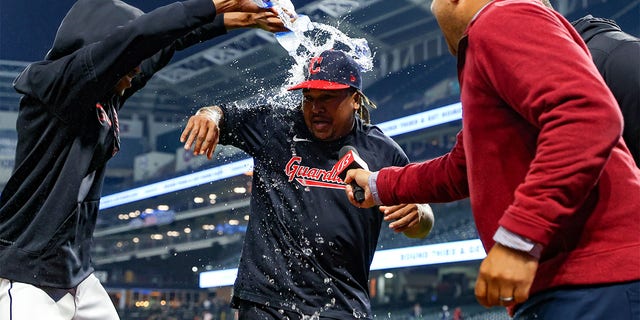 Jose Ramirez celebrates his three-homer game