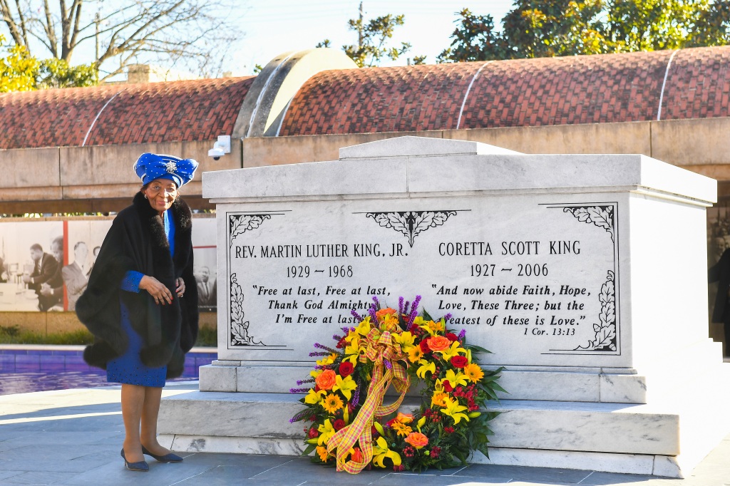 Christine King Farris is seen laying a wreath on the grave of Dr. Martin Luther King during the 2021 King Holiday Observance Beloved Community Commemorative Service on January 18, 2021, in Atlanta. 