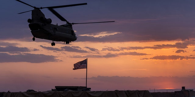 A helicopter at night