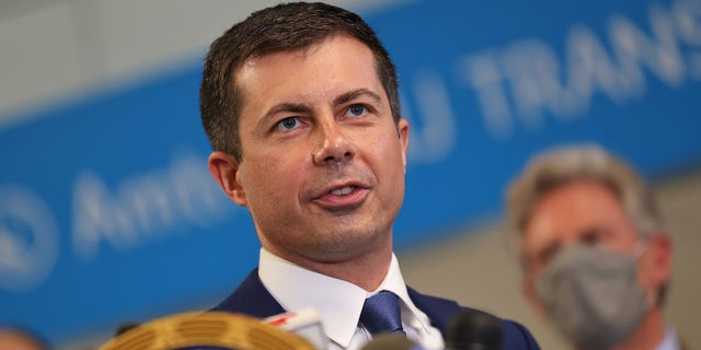 Secretary of Transportation Pete Buttigieg speaks during a press conference on June 28, 2021, in New York City. (Michael M. Santiago/Getty Images)