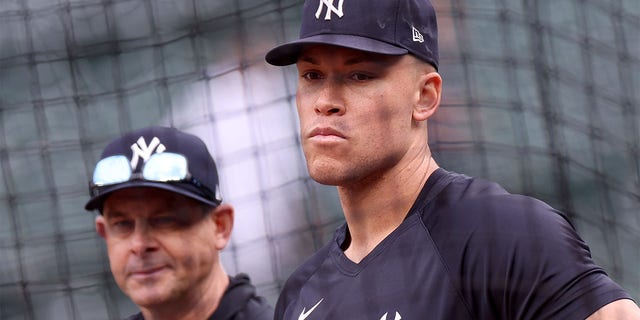 Aaron Judge looks on at batting practice