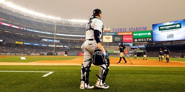 Yankee Stadium under hazy conditions