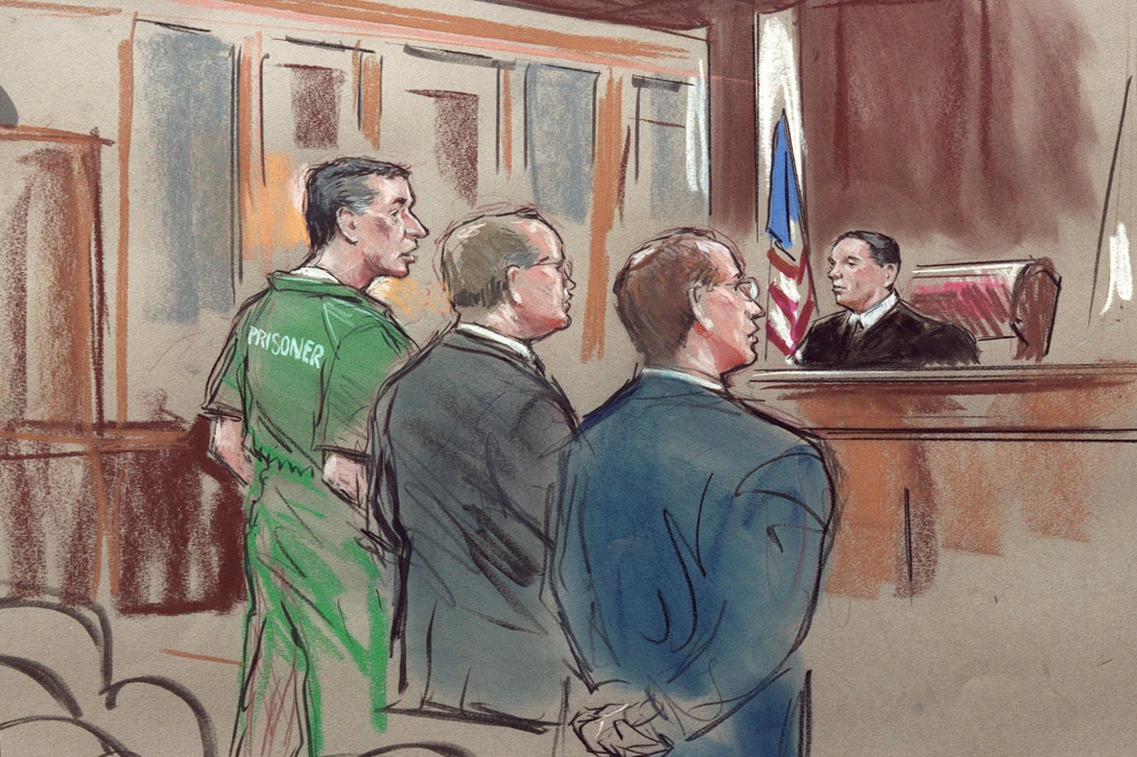 drawing shows alleged US spy Robert Hanssen(L), his attorney Palto Cacheris (2nd-L), federal prosecutor Randy Bellows (2nd-R) and US District Judge Claude Hilton (R) inside the US District Courthouse in Alexndria VA, 31 May, 2001