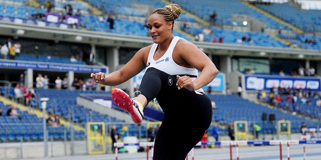 Jolien Boumkwo walks over the hurdle