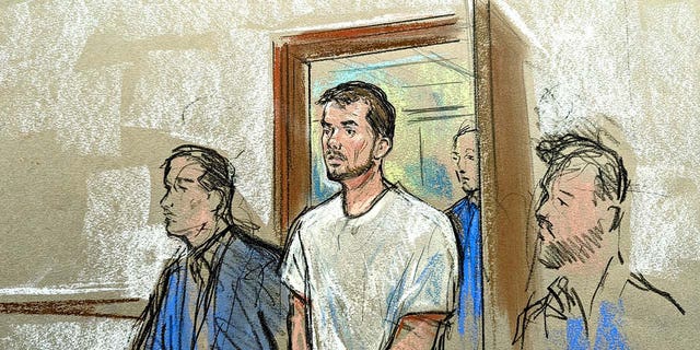 A courtroom sketch of Joran van der Sloot in federal court