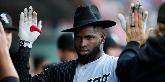 Luis Robert Jr. celebrates in dugout