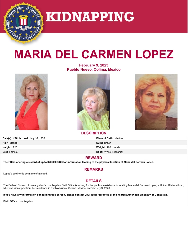FBI poster of kidnapped American Maria del Carmen Lopez