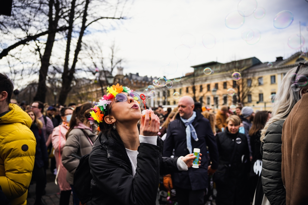 Happy Finns gather during celebrations for Vappu holiday and Workers day in Helsinki last April.