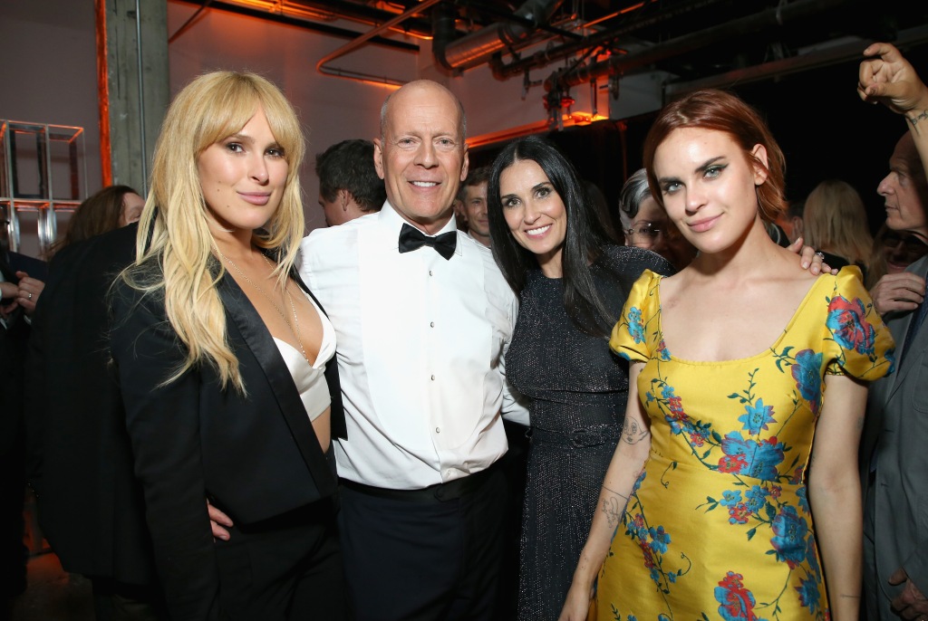 (L-R) Rumer Willis, Bruce Willis, Demi Moore and Tallulah Belle Willis attend the after party for the Comedy Central Roast of Bruce Willis at NeueHouse on July 14, 2018, in Los Angeles.