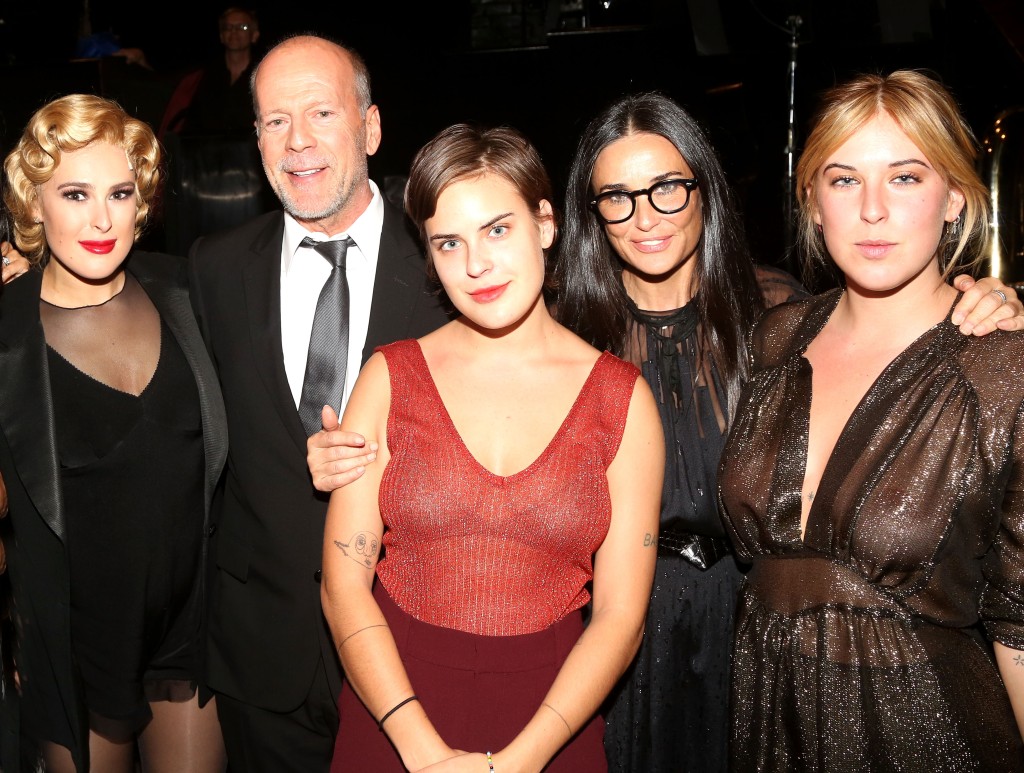 (L-R) Rumer Willis, father Bruce Willis, sister Tallulah Belle Willis, mother Demi Moore and sister Scout LaRue Willis pose backstage as Rumer makes her broadway debut as "Roxie Hart" in Broadway's "Chicago" on Broadway at The Ambassador Theater on Sept. 21, 2015, in NYC.